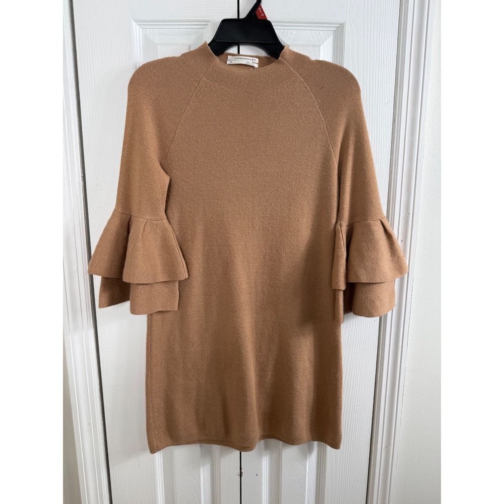 Anthropologie Tiered Ruffle Sleeve Knit Dress XS Brown Metallic Mock Neck Chic